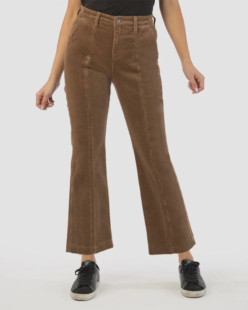 Front of a model wearing a size 12 Etta Corduroy High Rise Crop Flare Pants in Chestnut in Chestnut by Kut From The Kloth. | dia_product_style_image_id:326639